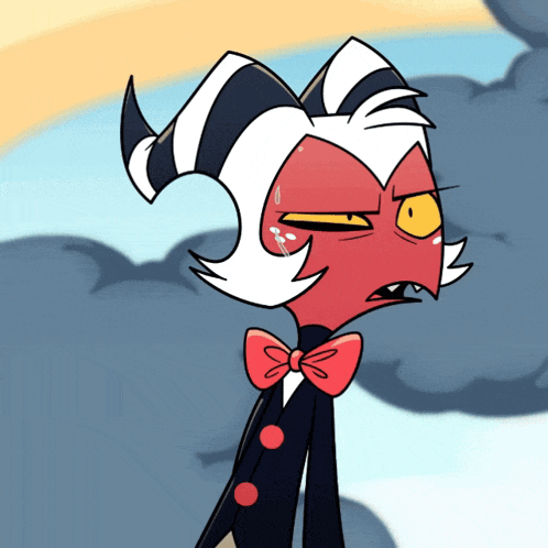 a cartoon character with horns and a bow tie has tears coming out of his eyes