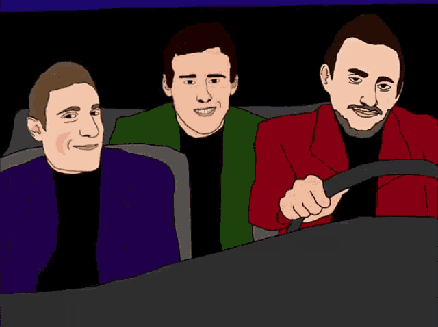 three men are sitting in a car and one is holding a steering wheel
