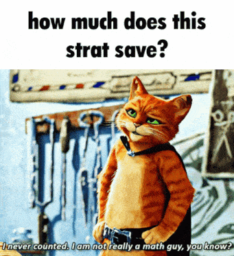 a picture of a cat with the words how much does this strat save