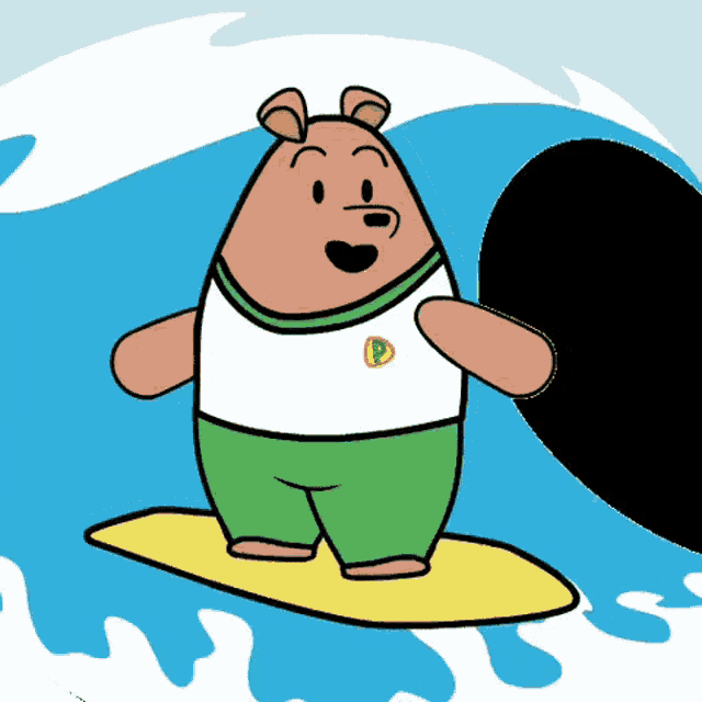 a cartoon of a bear riding a wave on a surfboard with the letter p on his shirt