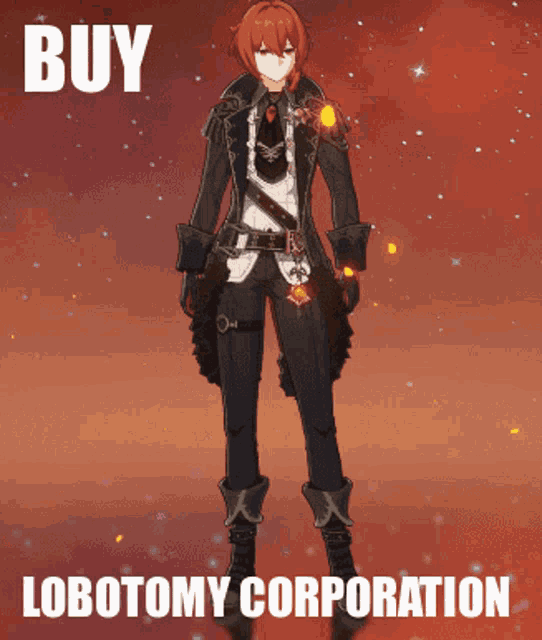 a picture of a man with red hair and the words buy lobotomy corporation