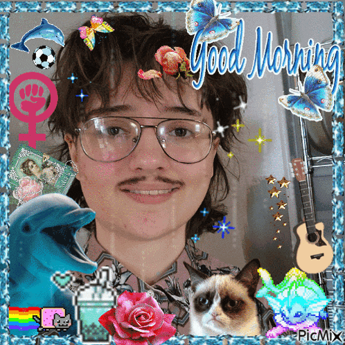 a picture of a man with a mustache and glasses with the words good morning written on it