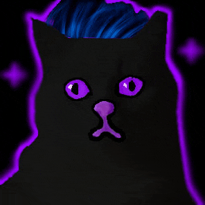 a drawing of a black cat with purple eyes