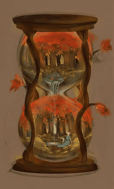 a painting of an hourglass with trees and a waterfall inside of it