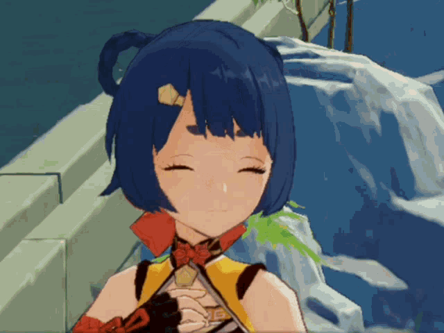 a close up of a cartoon character with a waterfall behind her
