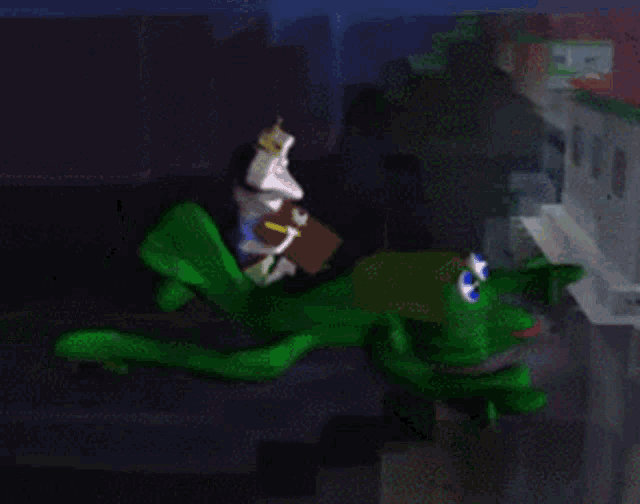 a cartoon character is sitting on top of a green lizard ..