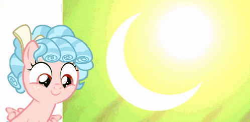 a cartoon pony is standing next to a crescent moon