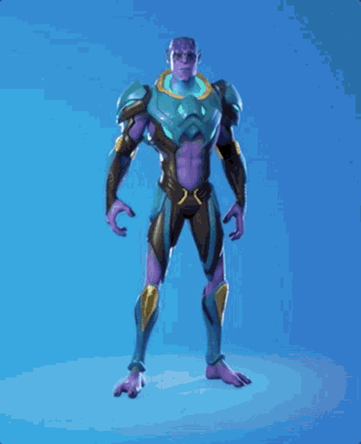 a purple and blue superhero is standing with his hands on his hips .