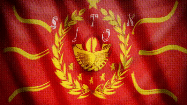 a red and yellow flag with the letters s t and o on it