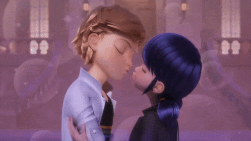 a man and a woman are kissing in front of a purple background .