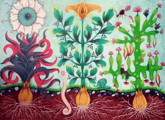 a colorful painting of a garden with flowers and roots