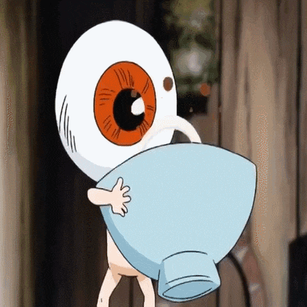 a cartoon character with a large eye is holding a blue cup