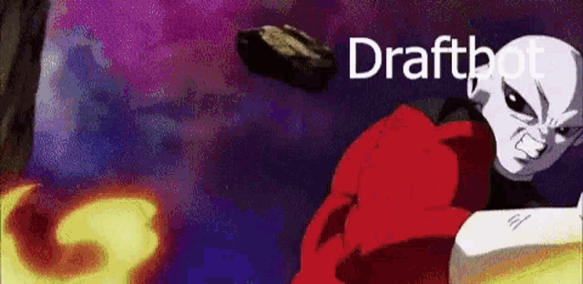 a cartoon character is holding a rock in his hand and the word draftbot is on the bottom of the image .