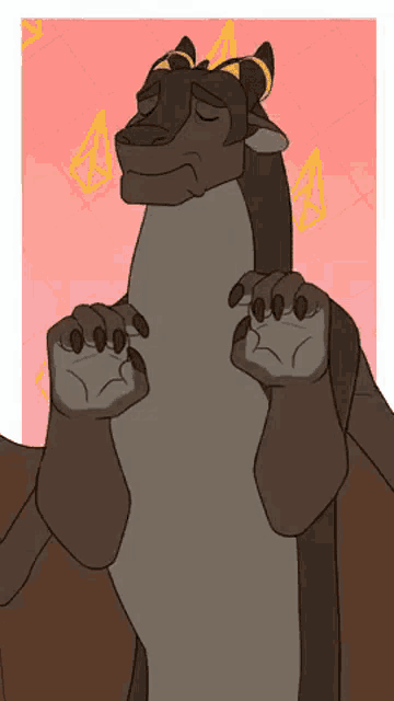 a cartoon drawing of a dragon with its eyes closed and its paws up