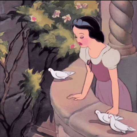 a cartoon of snow white looking at two white birds