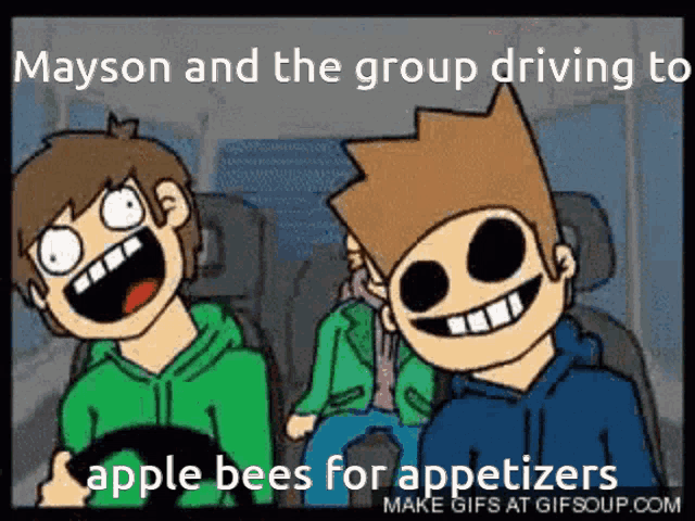 a cartoon of mayson and the group driving to apple bees for appetizers ..