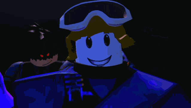 a cartoon character wearing a helmet and goggles is smiling in a dark room