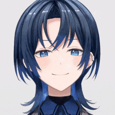 a close up of a anime character with blue hair and blue eyes