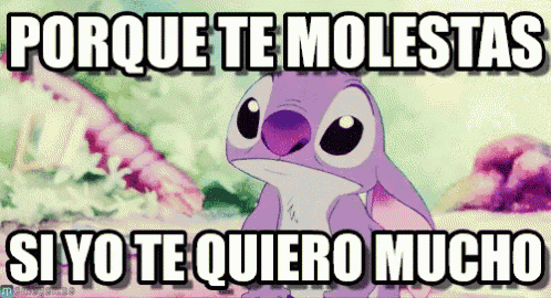 a purple cartoon character with the words porque te molestas si yo te quiero mucho