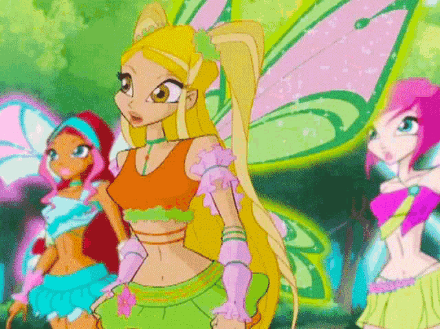 three cartoon girls are standing next to each other with wings