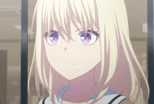 a girl with blonde hair and purple eyes is looking at the camera