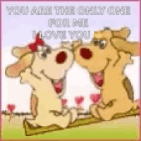 two cartoon dogs are kissing each other on a branch .