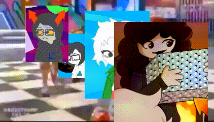 a group of cartoon characters are standing next to each other on a checkered floor