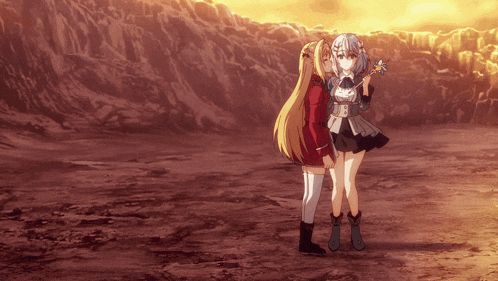 two anime girls are standing next to each other in a field