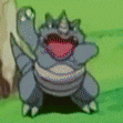 a cartoon rhinoceros is standing in the grass with its mouth wide open .