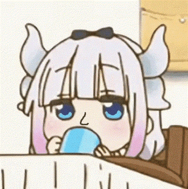 a cartoon girl with horns is sitting on a bed drinking from a cup .