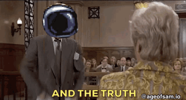 a man in a suit and tie stands in front of a woman in a gold dress and says " and the truth "