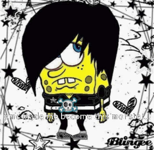 a cartoon of spongebob wearing a skull and crossbones belt and black hair .