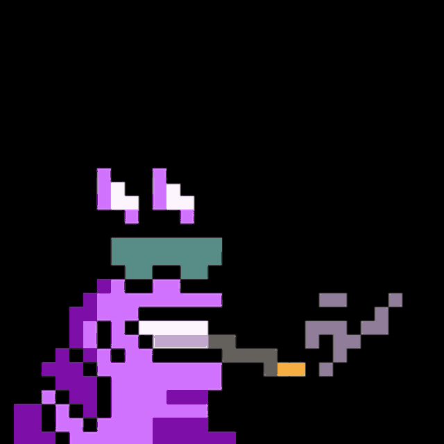 a pixel art drawing of a purple monster smoking a cigarette .
