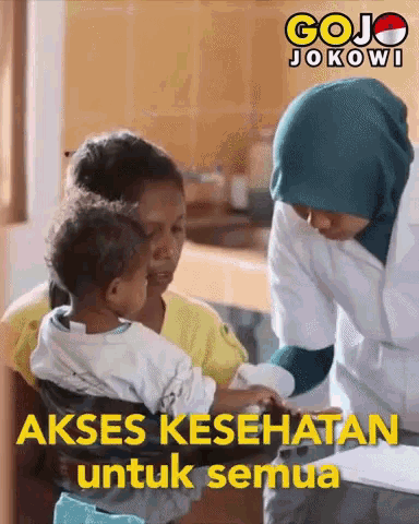 an ad for gojo jokowi shows a woman holding a baby and a nurse