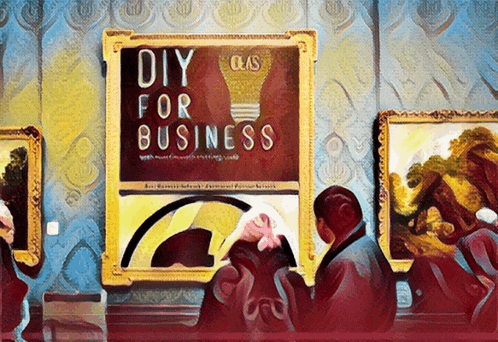 people looking at paintings in a museum with a sign that says diy for business