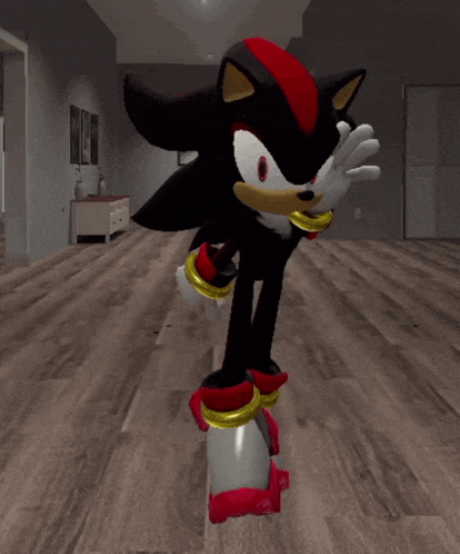 shadow the hedgehog is standing on a wooden floor in a dark room