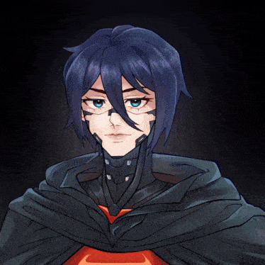 a drawing of a person with blue hair and a red shirt