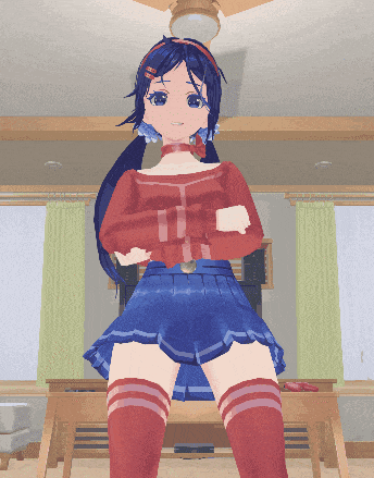a girl in a red top and blue skirt is standing in a room with her arms crossed