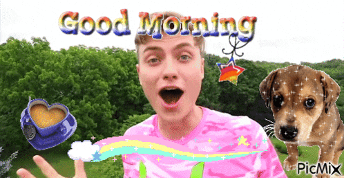 a man in a pink shirt is surrounded by good morning images