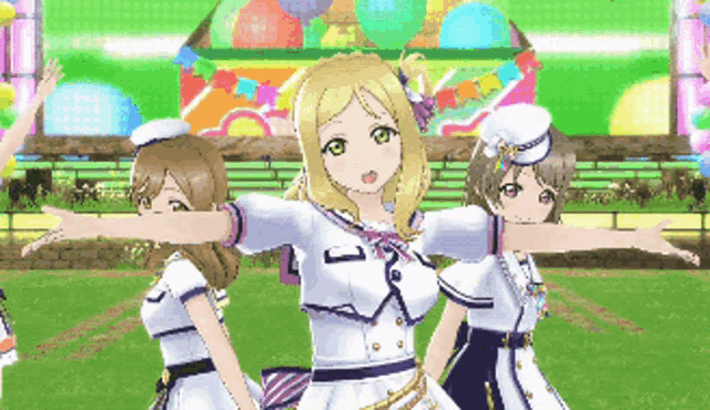 a group of anime girls with their arms outstretched in front of balloons