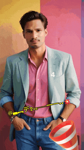 a man in a pink shirt and a blue jacket has the number 4 on his jacket