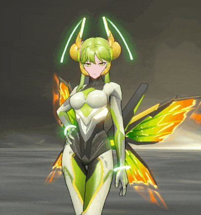 a cartoon character with green hair and orange wings is wearing a helmet with the letter a on it
