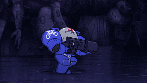 a cartoon drawing of a purple robot holding a gun with a red light behind him