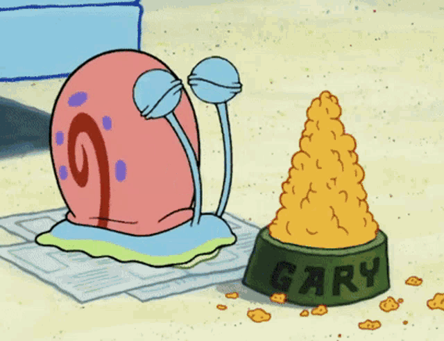 a cartoon character named gary is sitting on a newspaper next to a bowl of food