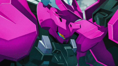 a close up of a purple robot with a blue eye