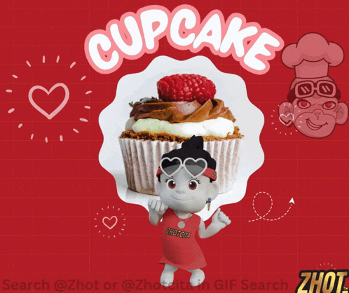 a cartoon girl is looking at a cupcake with the word cupcake above her
