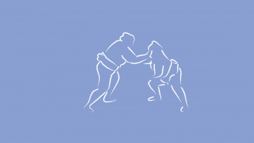 a drawing of a man standing next to a woman doing a handstand on a blue background