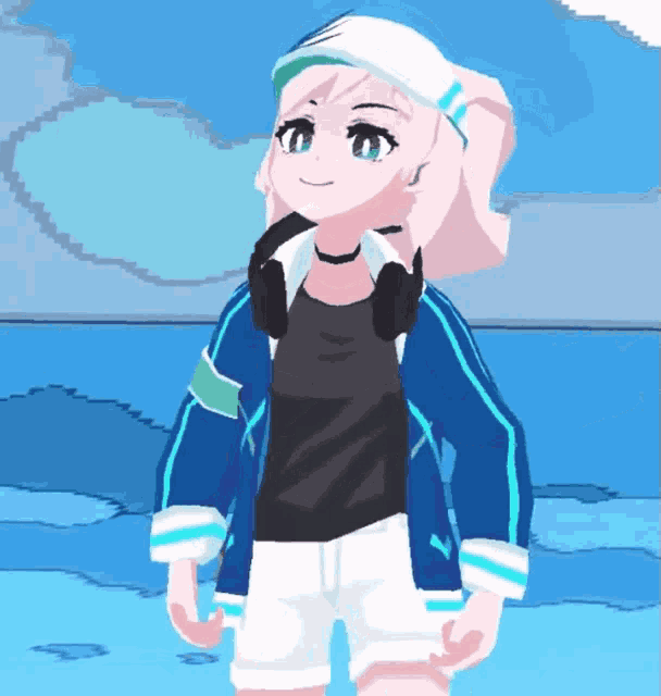 a pixel art of a girl wearing headphones and shorts