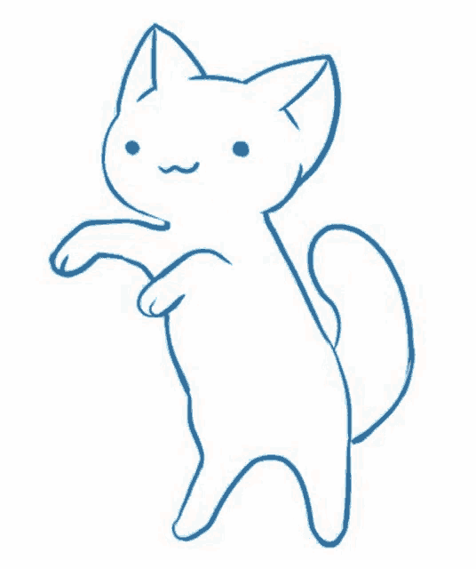 a blue and white drawing of a cat standing on its hind legs .