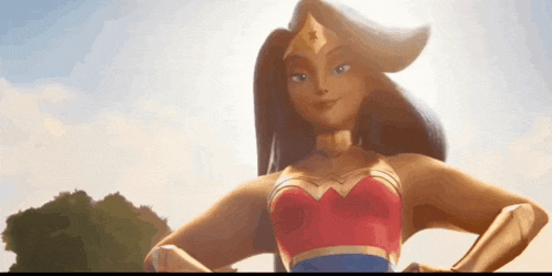 a cartoon woman in a wonder woman costume is standing in front of a tree .